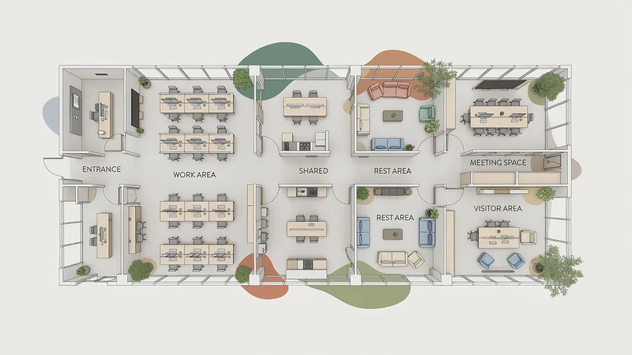 オフィスレイアウトのゾーニングを示す建築的な図面イメージ